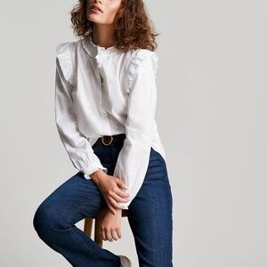 Joules Women Shirt Size 12 White Naomi Ruffle Collar Bee Embroidered Ruffle Bee